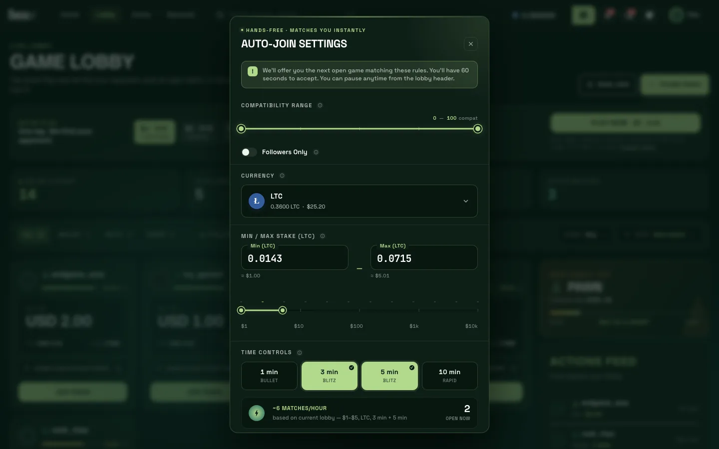Auto-Join Settings dialog with compatibility range, Followers Only, currency, minimum and maximum stake, time controls and a matches-per-hour estimate