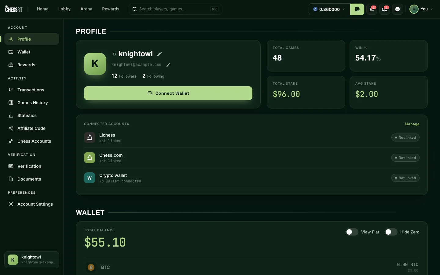 The ChessBit profile page with the username and pencil edit icon, stat tiles and the profile menu sections
