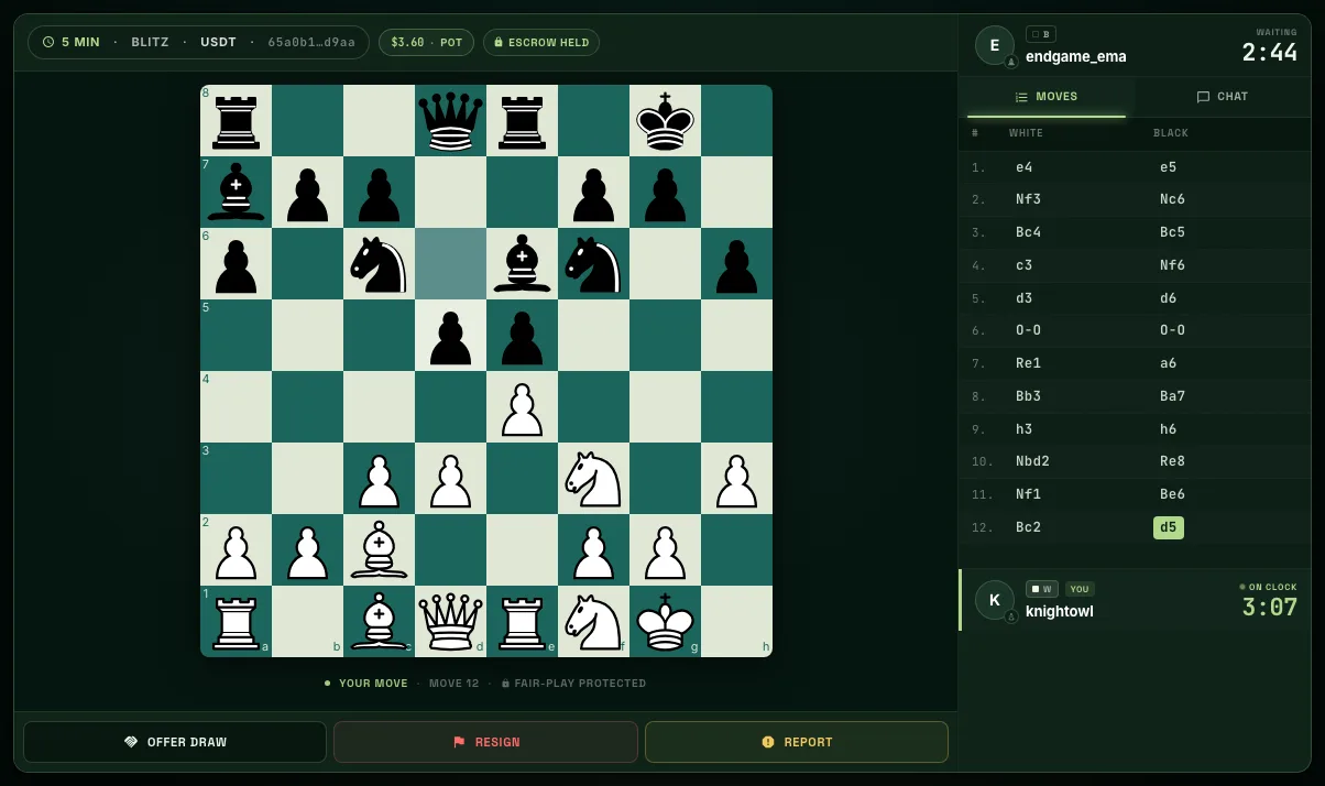 ChessBit game screen: board, clocks, move list, pot and escrow status