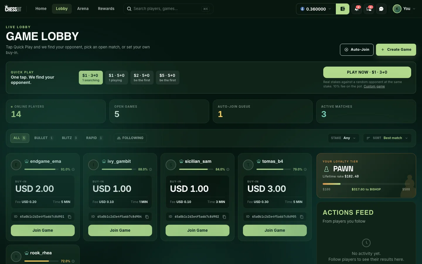 The ChessBit game lobby: Quick Play stakes, online players, open games with buy-in, fee and time control, and your loyalty tier