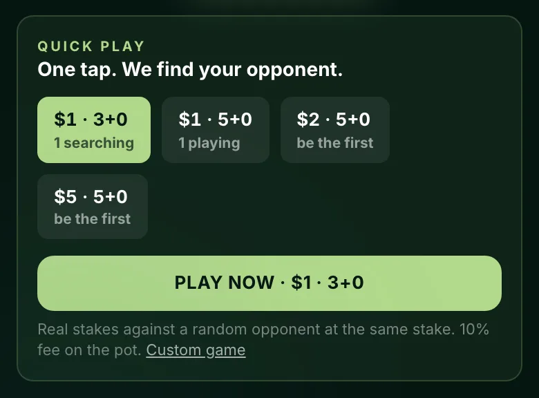 ChessBit Quick Play: pick a $1, $2 or $5 stake and get matched in one tap