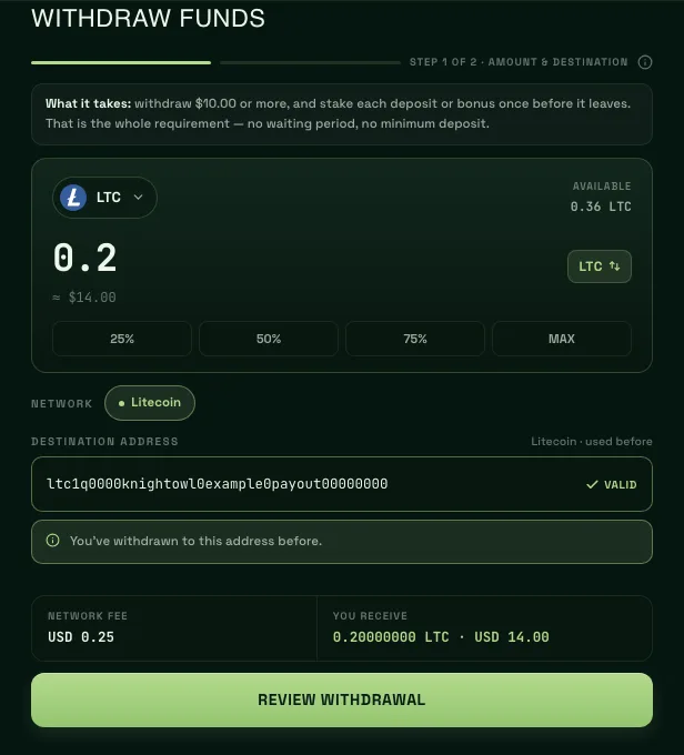 Withdraw funds screen: amount, network, destination address and fee