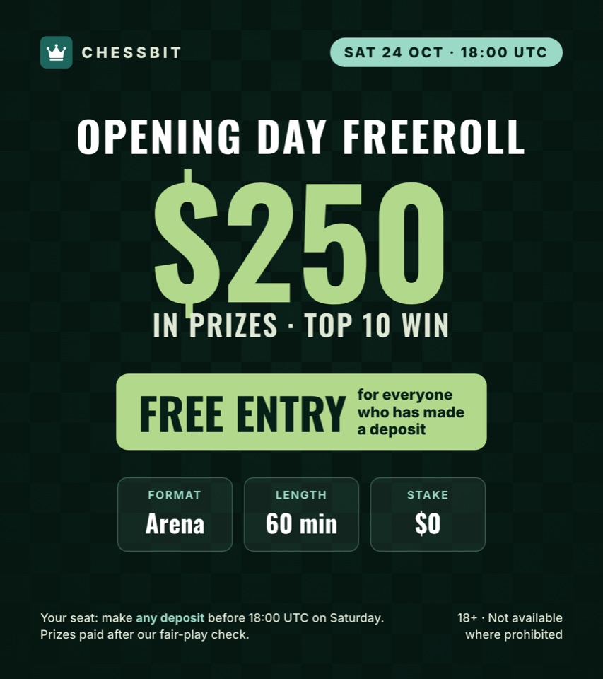 Opening Day Freeroll, Sat 24 Oct, 18:00 UTC: $250 in prizes, top 10 win. Free entry for everyone who has made a deposit. 60-minute Arena at $0 stake. Prizes paid after our fair-play check. 18+ · Not available where prohibited.