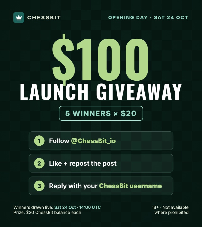 $100 Launch Giveaway, 5 winners × $20. 1: follow @ChessBit_io. 2: like and repost the post. 3: reply with your ChessBit username. Prize: $20 ChessBit balance each. 18+ · Not available where prohibited.